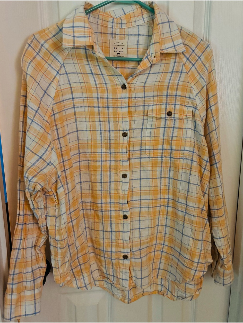 Billabong Yellow and Blue Plaid Lightweight Button-Down Shirt